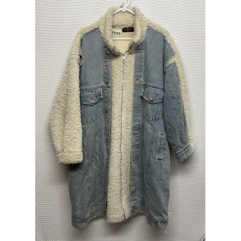 Nichole Lynel Oversized Mixed Media Long Denim/Sherpa Duster Jacket Women M Chin